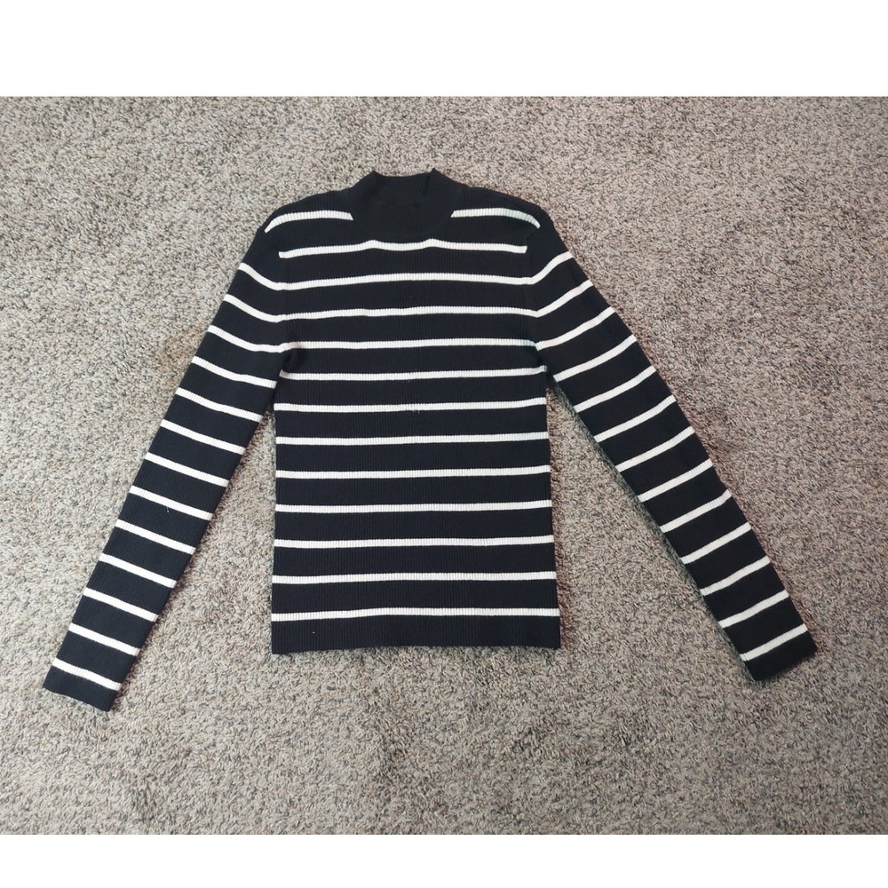 American Eagle Striped Mock Neck Sweater XL Black White Womens Ribbed Knit Top